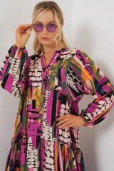 2423 Otantik Desenli Tesettür Elbise - H. Haki