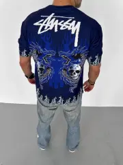 Unisex Bisiklet Yaka Baskılı Oversize T-Shirt - Lacivert
