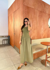 Kolsuz Uzun Elbise - Haki