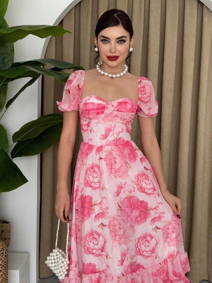 ŞİFON KUMAŞ DİJİTAL DESEN BASKILI ELBİSE