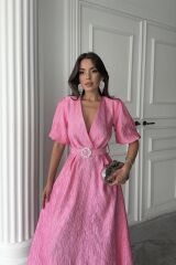 Pembe Işıltılı Kemerli Kruvaze Elbise