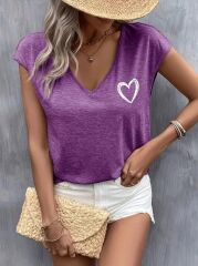 Kadın Kısa Kollu V Yakalı Kalp Baskılı Viskon Bluz