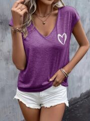 Kadın Kısa Kollu V Yakalı Kalp Baskılı Viskon Bluz