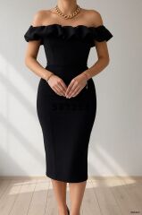 Kadın Maddonna Yaka Küpür Detaylı Scuba Elbise