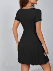 Kadın Kısa Kollu Derin Büzgülü V Yakalı Viskon Elbise