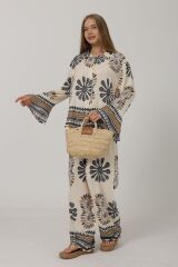 Desenli Kolları Volanlı Pantolon Takım - Antrasit