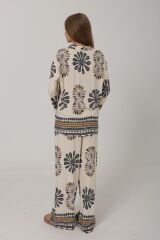 Desenli Kolları Volanlı Pantolon Takım - Antrasit