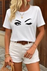 Kadın Kısa Kollu Bisiklet Yaka Göz Baskılı Süprem T-shirt