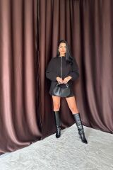 Siyah Kısa Önü Fermuarlı Bomber Ceket