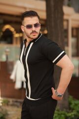 Erkek Fermuar Yakalı şerit Detaylı Kısa Kollu Tişört