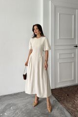 Bej Arkadan Bağlamalı Büzgülü Keten Elbise