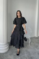 Siyah Kat Kat Balon Kollu Kemerli Elbise