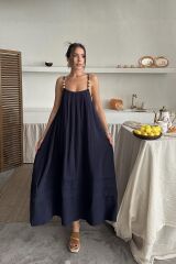 Lacivert Askılı Müslin Elbise