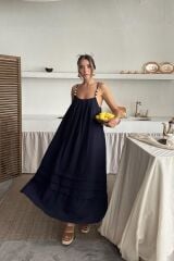 Lacivert Askılı Müslin Elbise