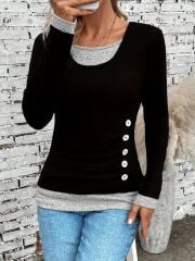 Kadın Uzun Kollu Yuvarlak Yaka Blok Renkli Yandan Düğmeli Viskon Bluz