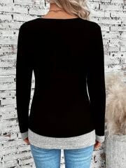 Kadın Uzun Kollu Yuvarlak Yaka Blok Renkli Yandan Düğmeli Viskon Bluz