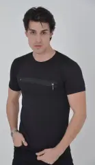 Erkek Göğüste Fermuar Aksesuarlı Dar Kalıp T-Shirt - Siyah