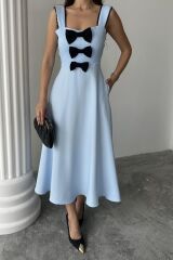 Bebe Mavi Fiyonk Garnili Dantelli Elbise