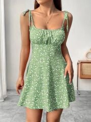 Kadın Askılı Büzgü Detaylı Kare Yaka çiçek Desenli Mini Süprem Elbise