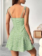 Kadın Askılı Büzgü Detaylı Kare Yaka çiçek Desenli Mini Süprem Elbise