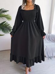 Kadın Uzun Kollu Kare Yakalı Gipeli Uzun Trikoton Elbise