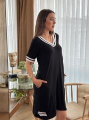 Kadın Kısa Kollu V Yaka Ribana Detaylı Cepli Dizüstü Viskon Elbise