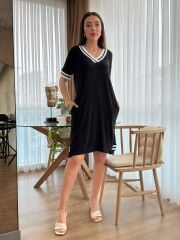 Kadın Kısa Kollu V Yaka Ribana Detaylı Cepli Dizüstü Viskon Elbise