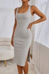 Kadın Askılı Kare Yaka Yandan Yırtmaçlı Midi Kaşkorse Elbise