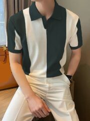 Erkek Kısa Kollu Polo Yakalı Blok Desenli Triko Bluz