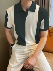 Erkek Kısa Kollu Polo Yakalı Blok Desenli Triko Bluz