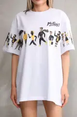 Unisex Bisiklet Yaka Baskılı Oversize T-Shirt - Beyaz