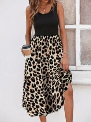 Kadın Askılı Yuvarlak Yaka üst Viskon Alt Leopar Desenli Süprem Uzun Elbise