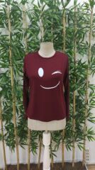 Kadın Uzun Kollu Bisiklet Yaka Gülen Yüz Desenli Viskon Bluz