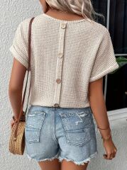 Kadın Kısa Kollu V Yaka Sırt Düğme Detay Triko Bluz