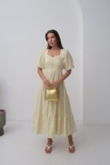 Sarı Süs Düğmeli Balon Kollu Elbise