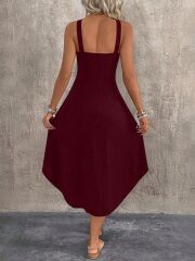 Kadın Boyundan çapraz Askılı Halka Detaylı Asimetrik Kesim Viskon Elbise