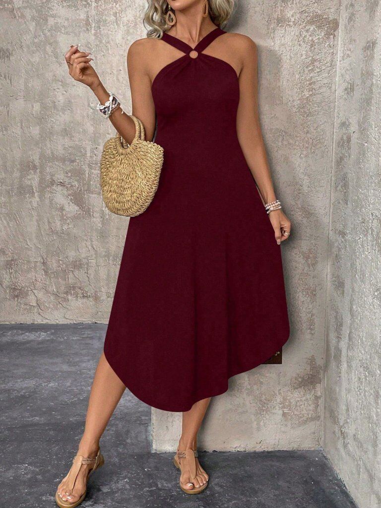 Kadın Boyundan çapraz Askılı Halka Detaylı Asimetrik Kesim Viskon Elbise