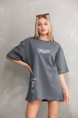 Unisex Bisiklet Yaka Baskılı Oversize T-Shirt - Gri