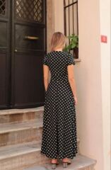 Kadın Kısa Kollu Bisiklet Yaka Puantiyeli Maksi örme Krep Elbise