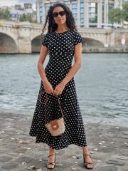 Kadın Kısa Kollu Bisiklet Yaka Puantiyeli Maksi örme Krep Elbise