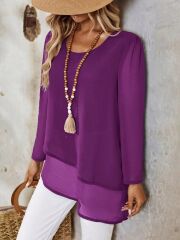 Kadın Uzun Kollu Yuvarlak Asimetrik Detaylı şifon Bluz