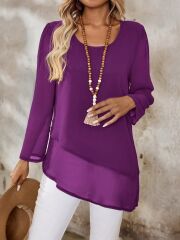 Kadın Uzun Kollu Yuvarlak Asimetrik Detaylı şifon Bluz