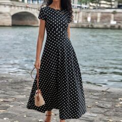 Kadın Kısa Kollu Bisiklet Yaka Puantiyeli Maksi örme Krep Elbise