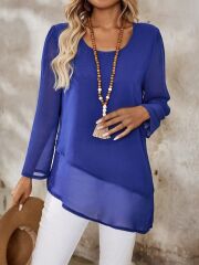 Kadın Uzun Kollu Yuvarlak Asimetrik Detaylı şifon Bluz