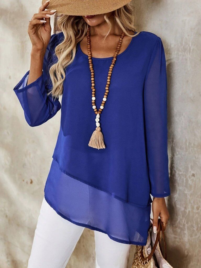 Kadın Uzun Kollu Yuvarlak Asimetrik Detaylı şifon Bluz