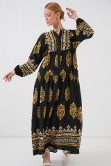 2423 Otantik Desenli Tesettür Elbise - Siyah 6