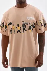 Unisex Bisiklet Yaka Baskılı Oversize T-Shirt - Bej