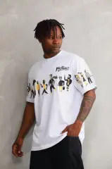 Unisex Bisiklet Yaka Baskılı Oversize T-Shirt - Beyaz