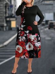 Kadın Uzun Kollu çiçek Baskılı Midi Mikro Elbise