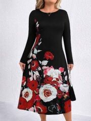 Kadın Uzun Kollu çiçek Baskılı Midi Mikro Elbise